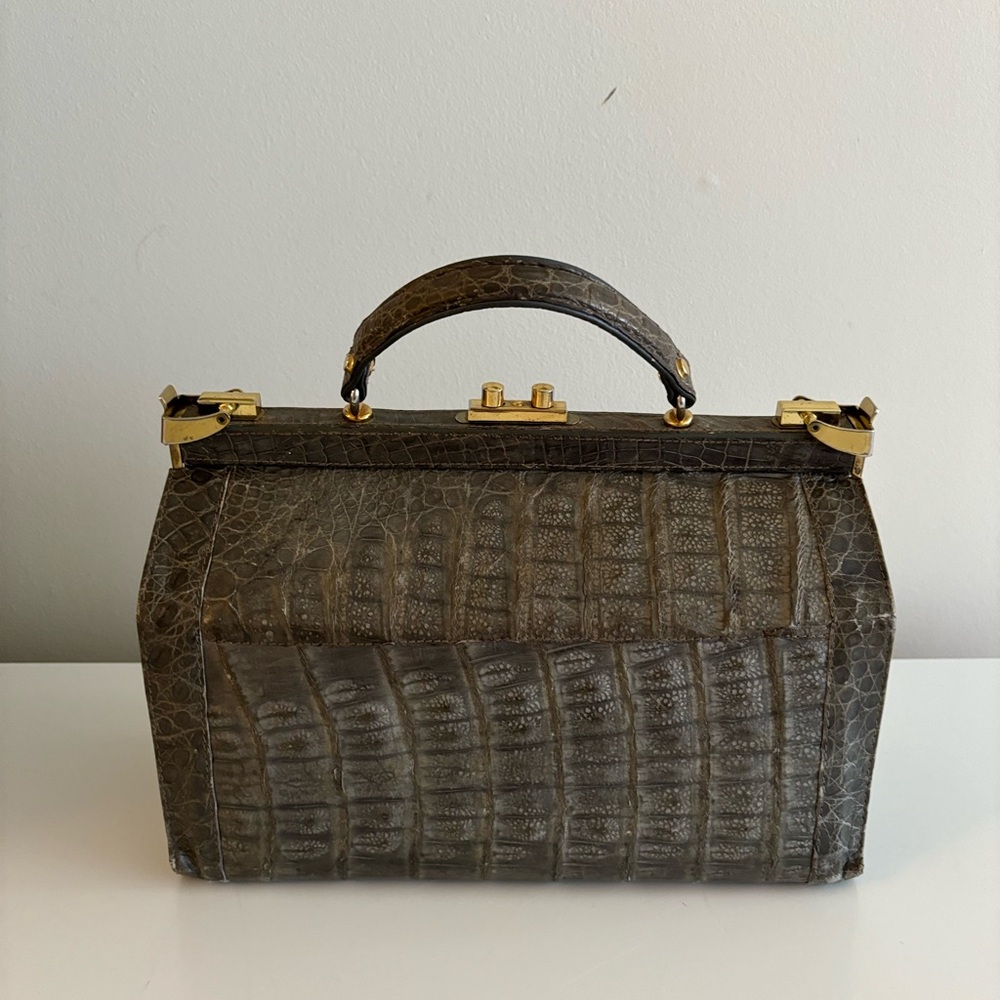 Vintage Classic Genuine Crocodile Skin Top Handle Bag in Olive Green